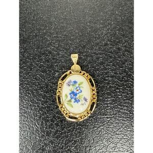 Vintage Pendant Necklace Enamel Blue Flowers Hand Painted Pendant